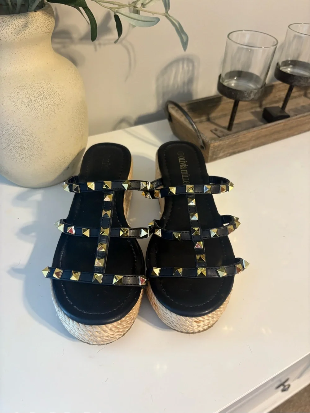 Olivia Miller Black Studded Wedge Espadrille Sandals